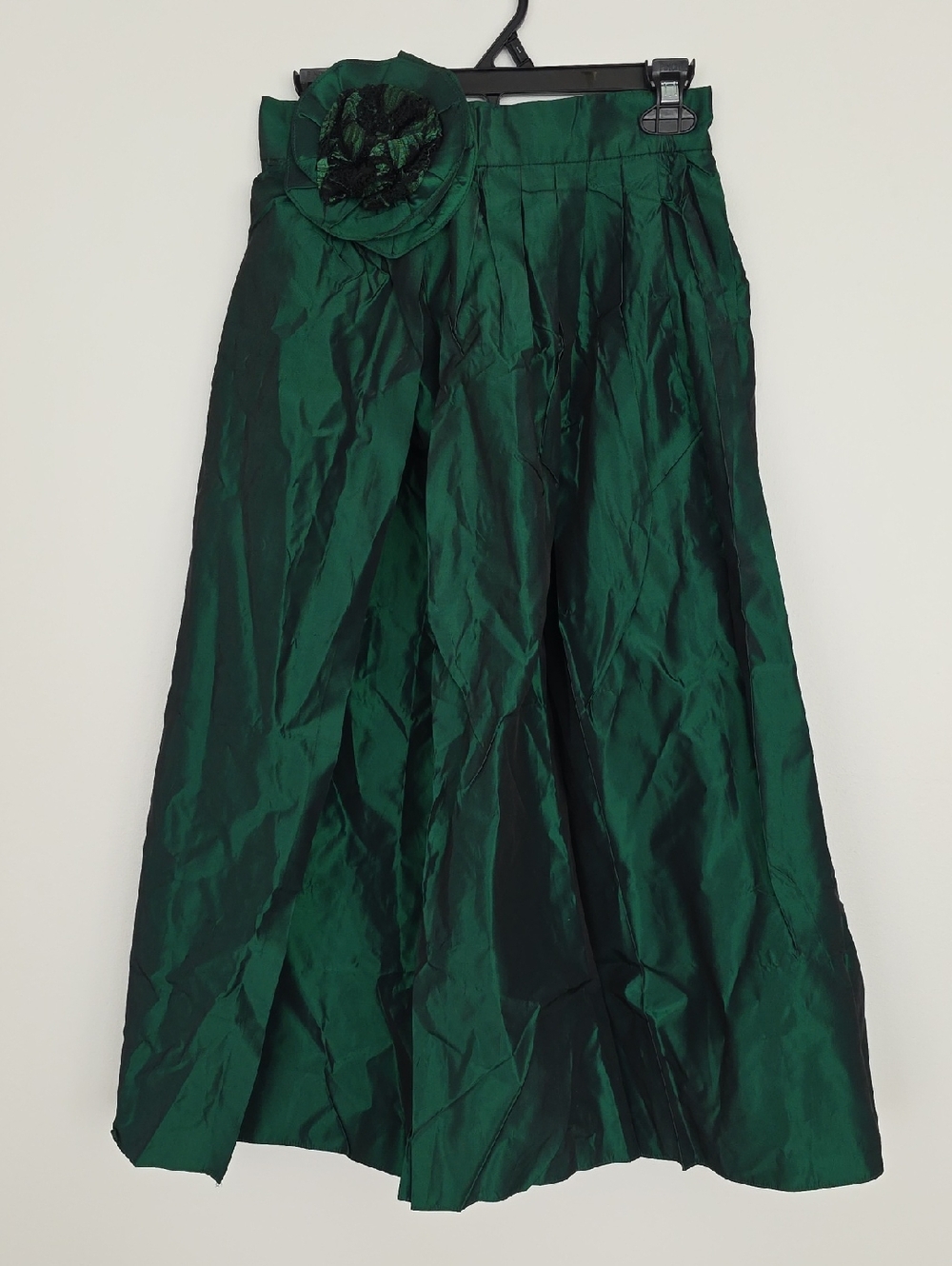 Vtg Emerald Green Taffeta Floral Applique Full A-Line Wrap Skirt Womens 9/10 EUC